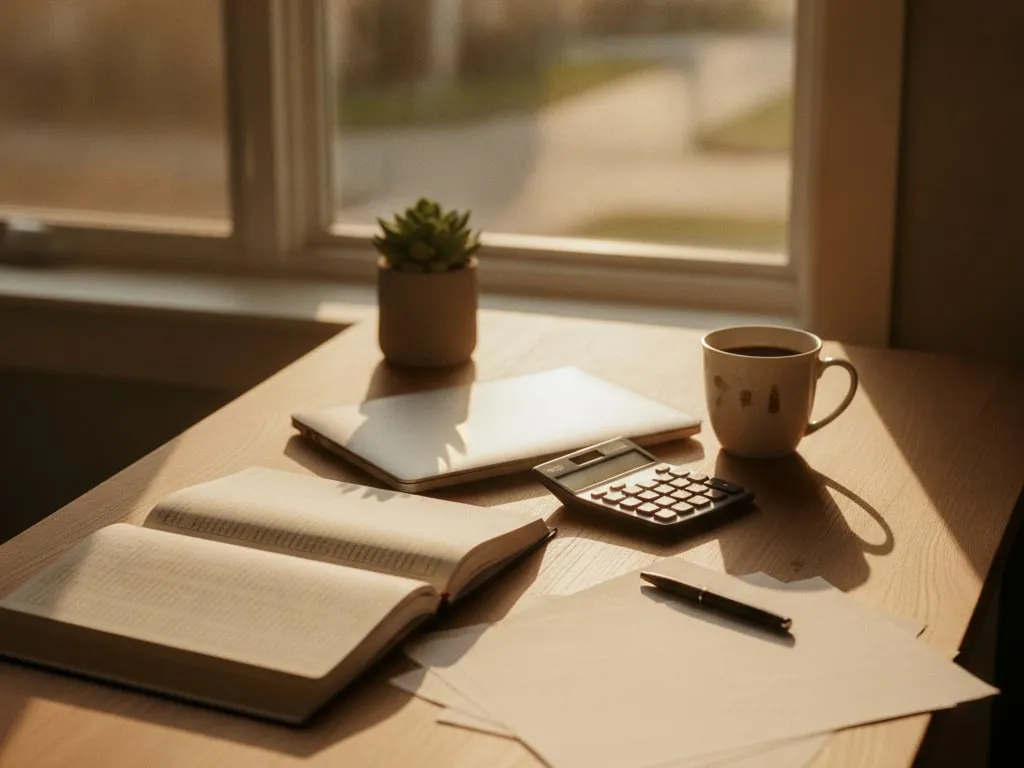 A sunlit desk with an open ledger, a calculator, a closed laptop and a cup of coffee