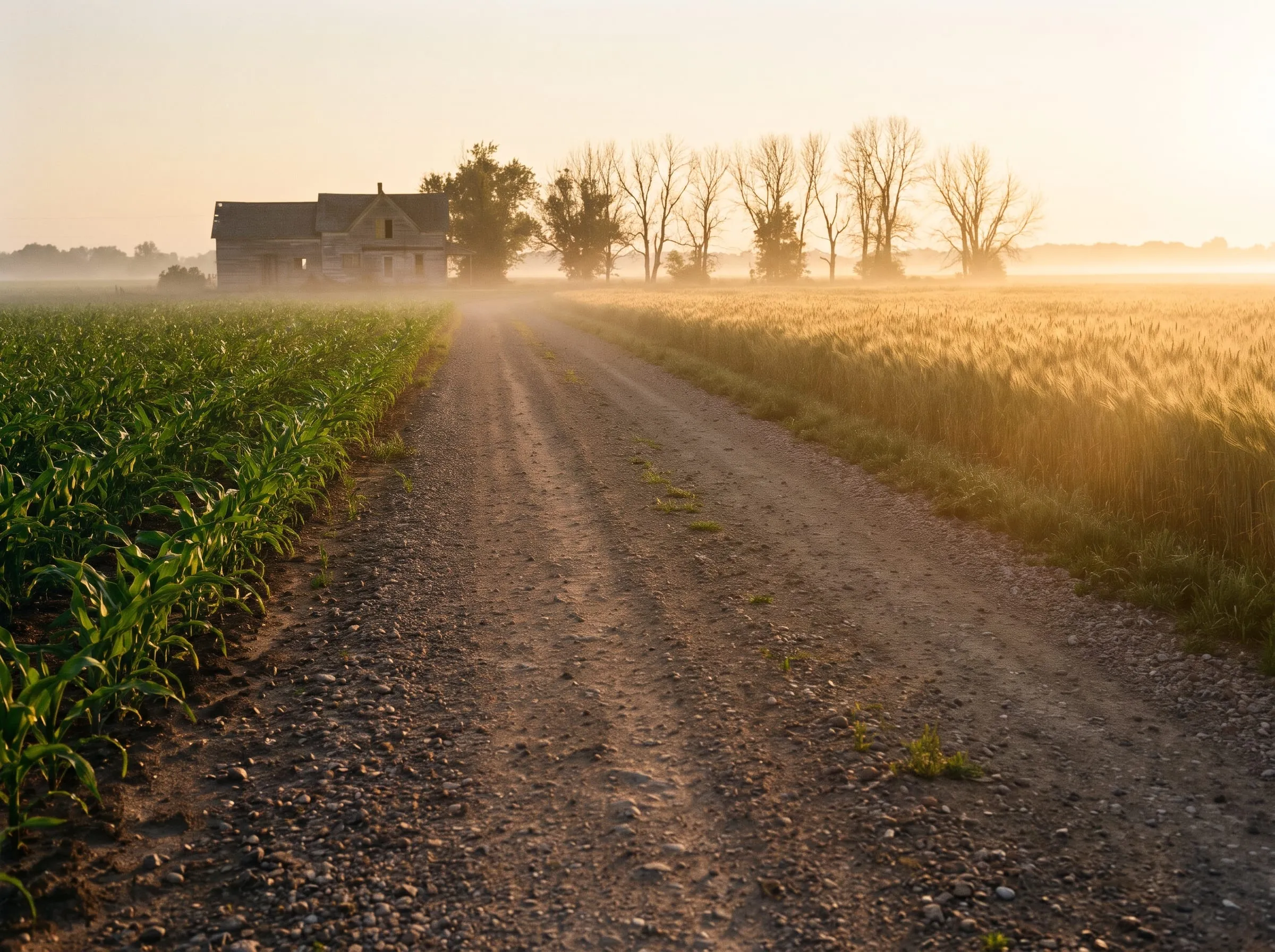 A gravel farm road at dawn between young corn and ripening wheat, a farmhouse in the mist beyond