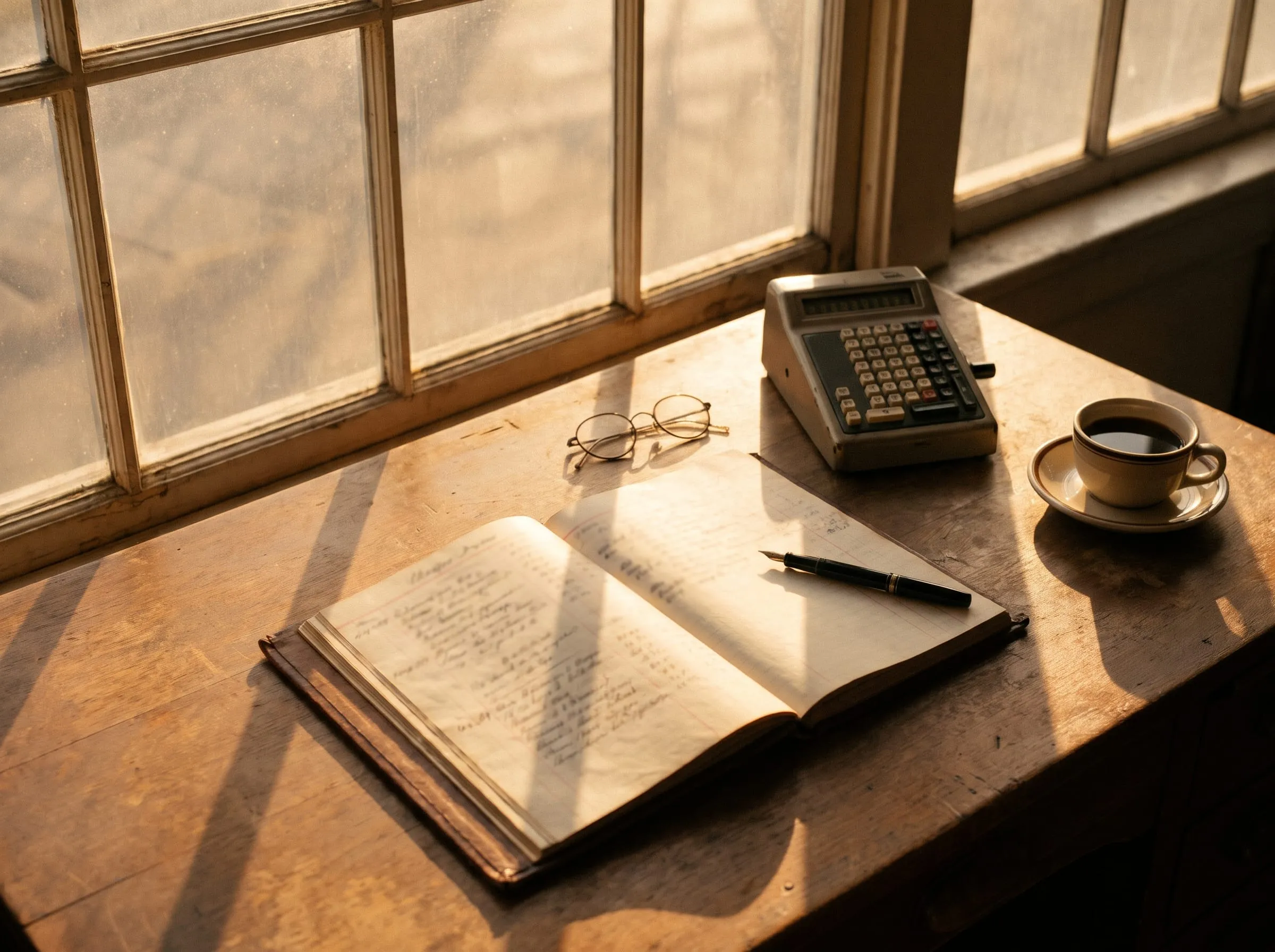 Un libro contable abierto, una pluma estilográfica, unas gafas, una calculadora de escritorio y una taza de café sobre un escritorio soleado