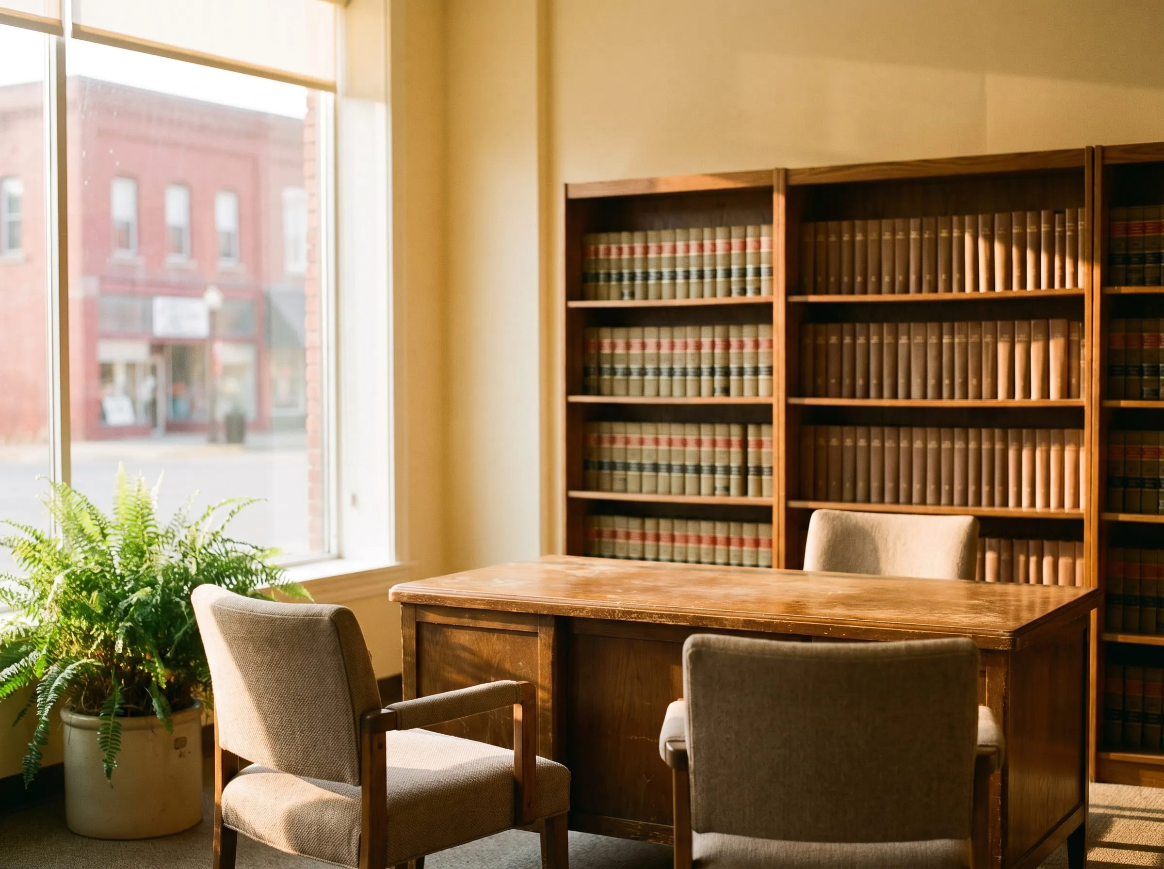 A quiet small-town office with a wooden desk, two chairs and bookshelves, Main Street visible through the window