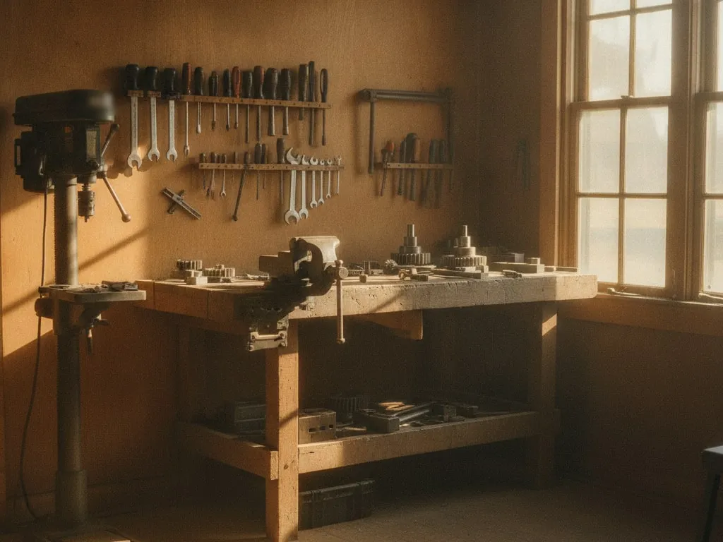 A small machine shop with a wooden workbench and neatly hung tools in warm afternoon light